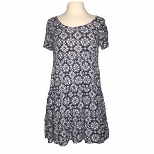 H&M Tiered A-Line Mini Dress Babydoll Navy Blue Mandala Heart Boho Casual Size 2
